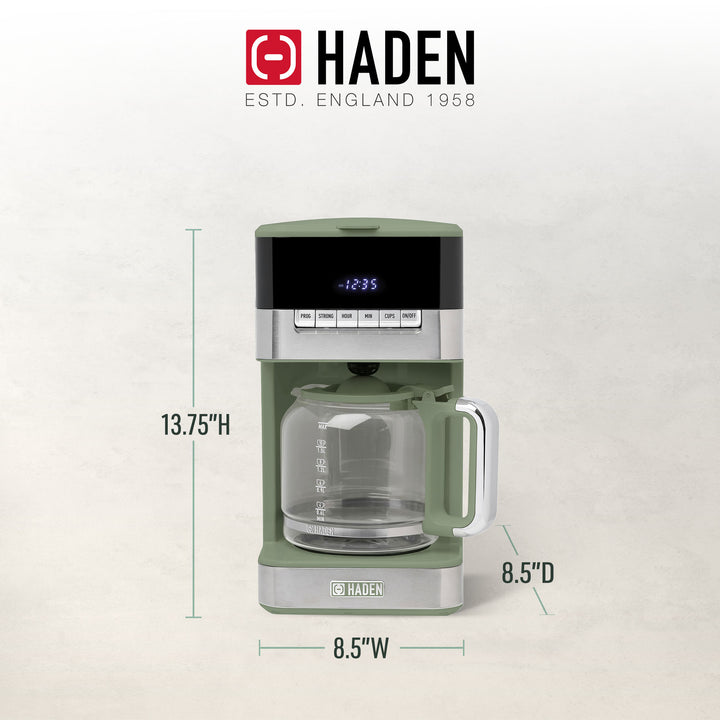 Haden Programmable Drip Coffee Maker, 12 Cup Cafe Machine & Carafe, Green/Chrome