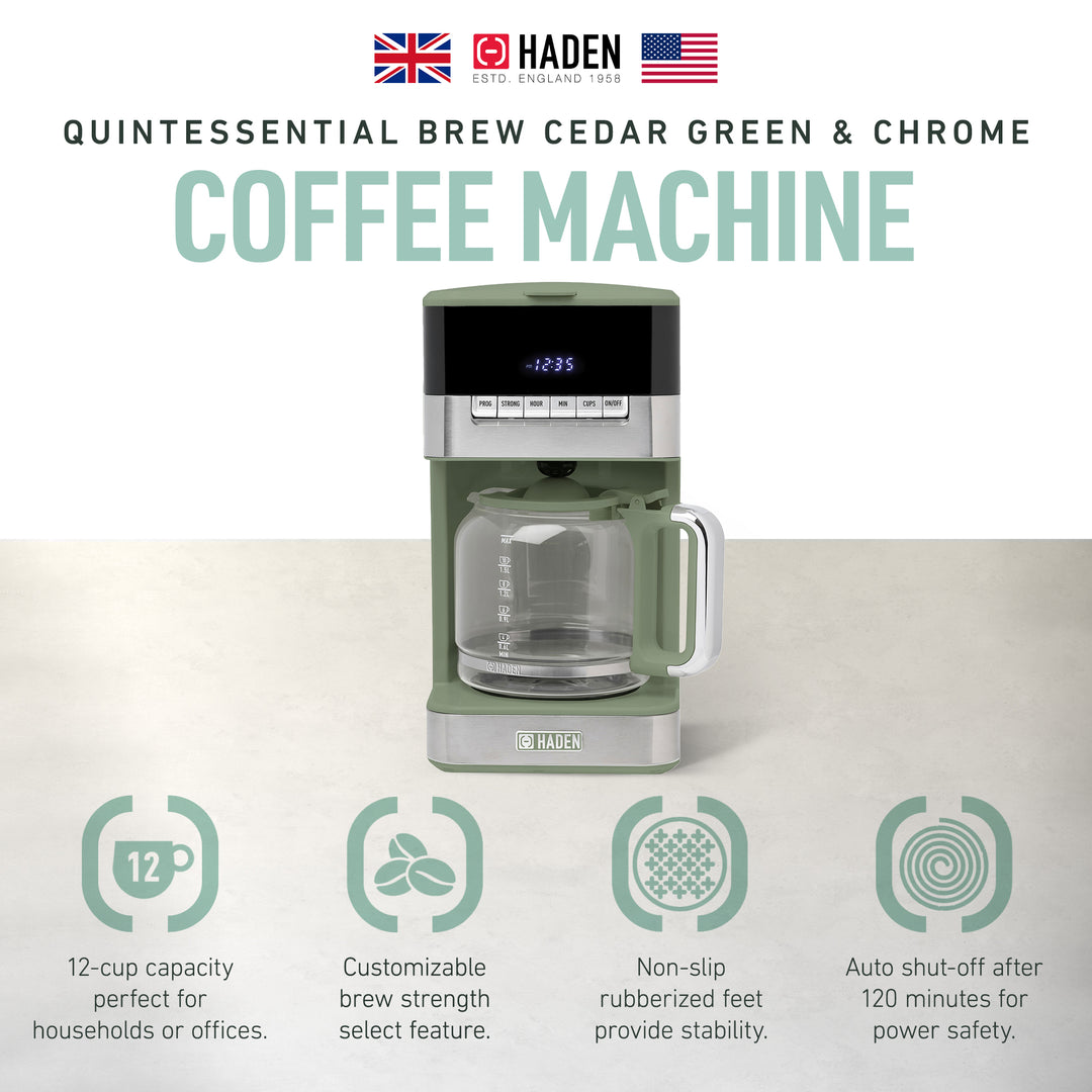 Haden Programmable Drip Coffee Maker, 12 Cup Cafe Machine & Carafe, Green/Chrome