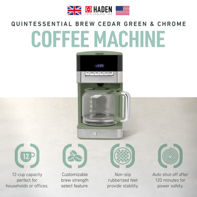 Haden Drip Coffee Maker, 12 Cup Cafe Machine & Carafe, Green/Chrome (Open Box) - VMInnovations