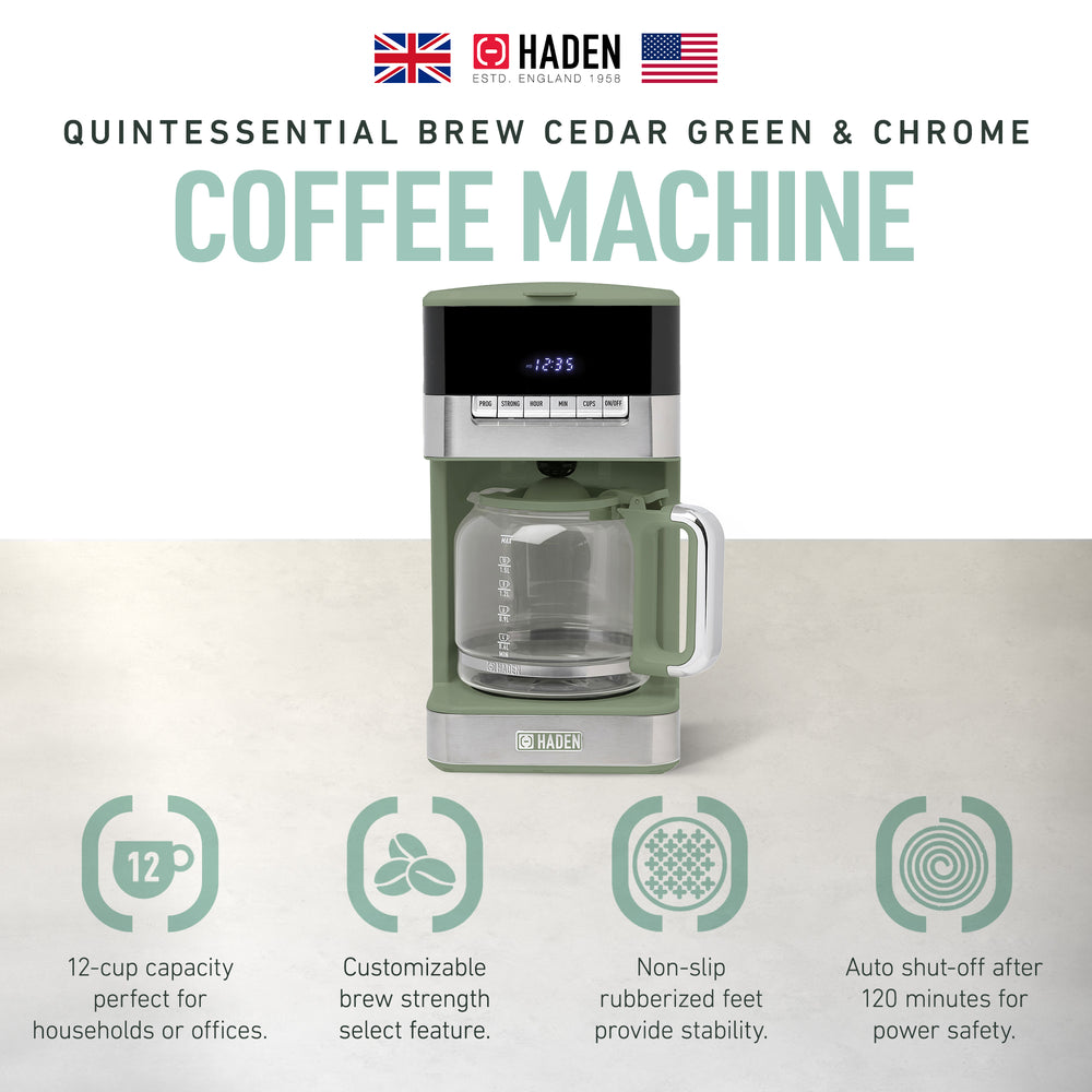Haden Drip Coffee Maker, 12 Cup Cafe Machine & Carafe, Green/Chrome (Open Box) - VMInnovations