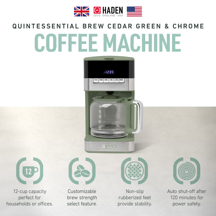 Haden Drip Coffee Maker, 12 Cup Cafe Machine & Carafe, Green/Chrome (Open Box) - VMInnovations