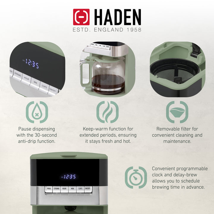 Haden Drip Coffee Maker, 12 Cup Cafe Machine & Carafe, Green/Chrome (Open Box) - VMInnovations