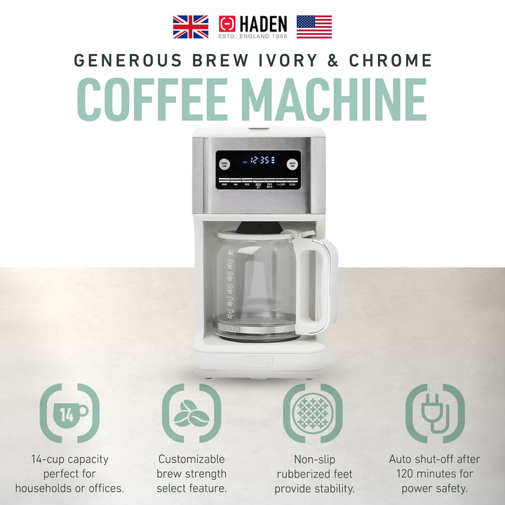 Haden Brew 14 Cup Programmable Digital Coffee Maker Pot, Ivory/Chrome (Used)