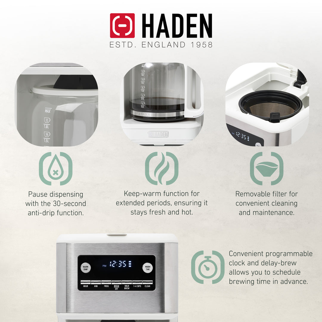 Haden Brew 14 Cup Programmable Digital Coffee Maker Pot, Ivory/Chrome (Used)