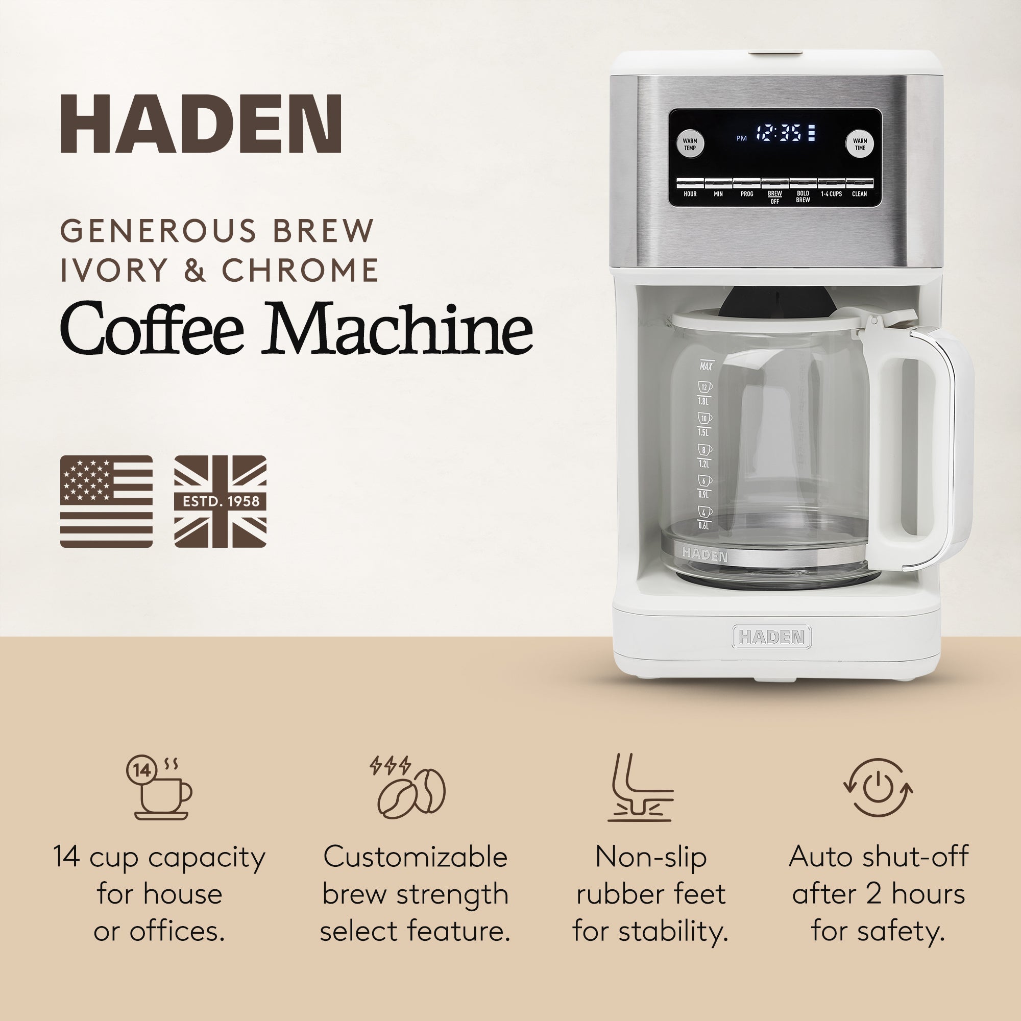 Haden Generous Brew 14 Cup Programmable Digital Coffee Maker Pot, Ivory/Chrome - VMInnovations