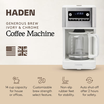 Haden Generous Brew 14 Cup Programmable Digital Coffee Maker Pot, Ivory/Chrome - VMInnovations