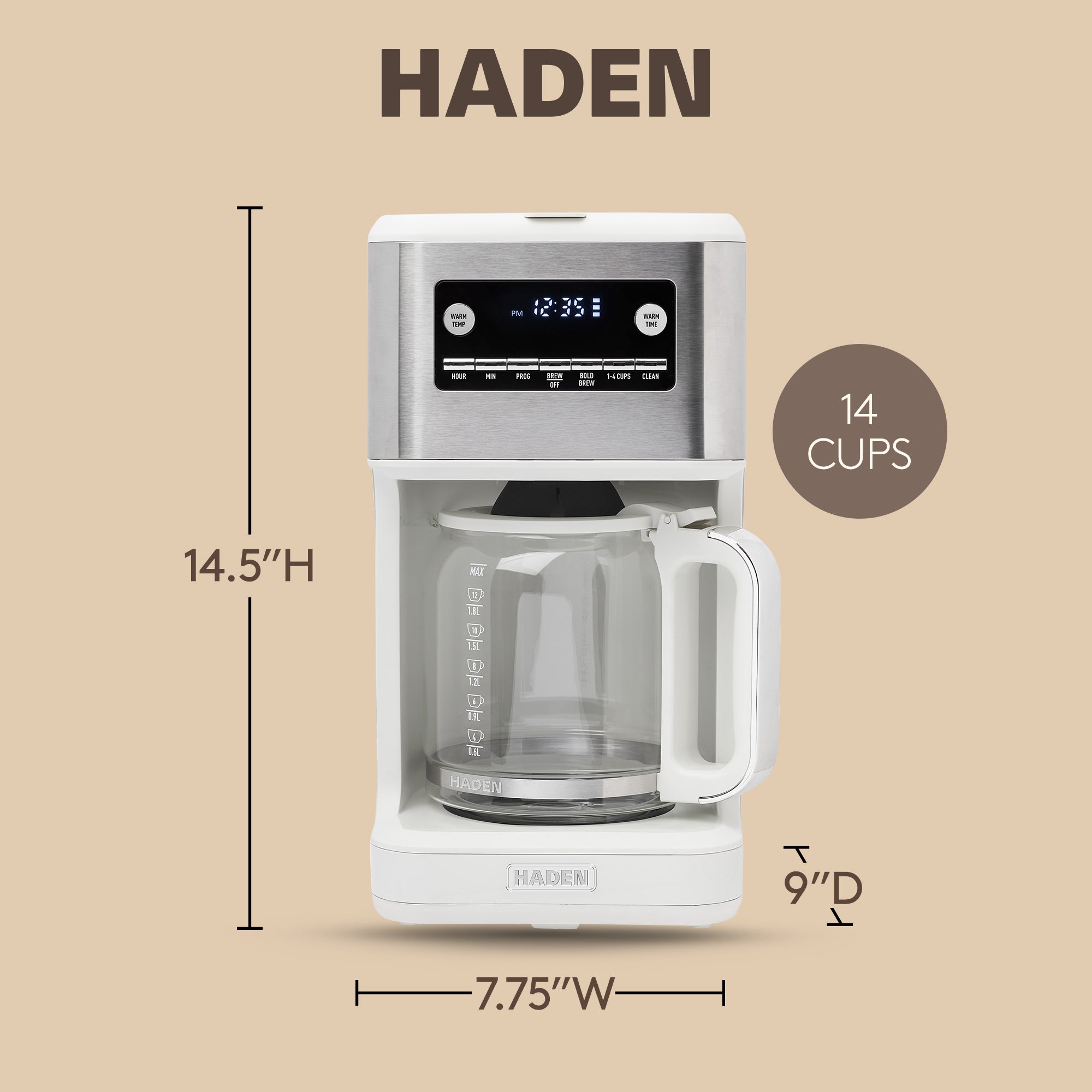 Haden Generous Brew 14 Cup Programmable Digital Coffee Maker Pot, Ivory/Chrome - VMInnovations