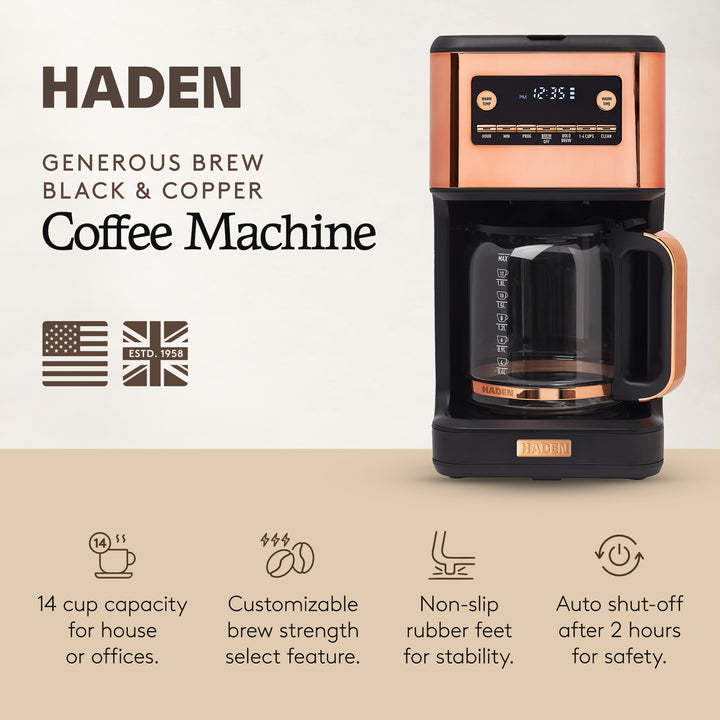 Haden Generous Brew 14 Cup Programmable Digital Coffee Maker Pot, Black/Copper