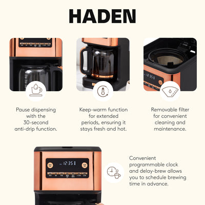 Haden Generous Brew 14 Cup Digital Coffee Maker Pot, Black/Copper (Open Box) - VMInnovations