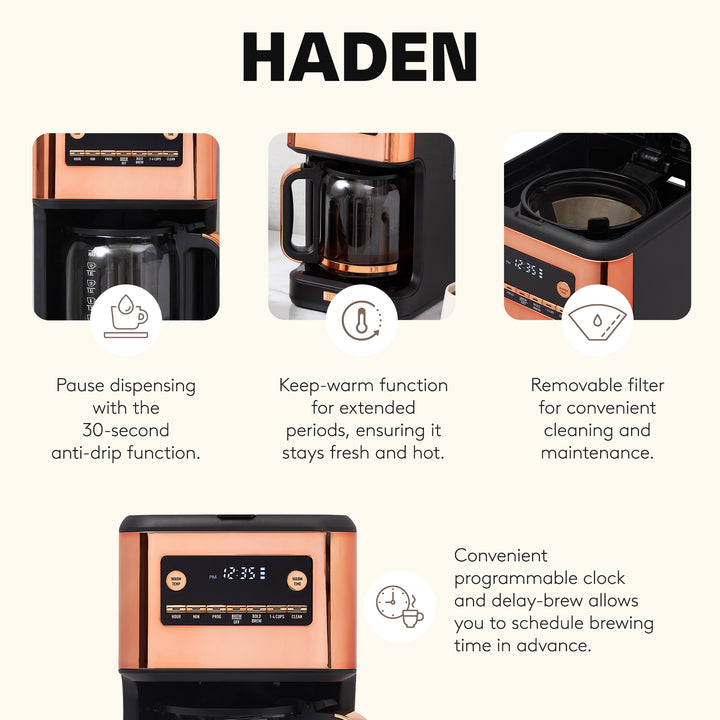 Haden Generous Brew 14 Cup Programmable Digital Coffee Maker Pot, Black/Copper
