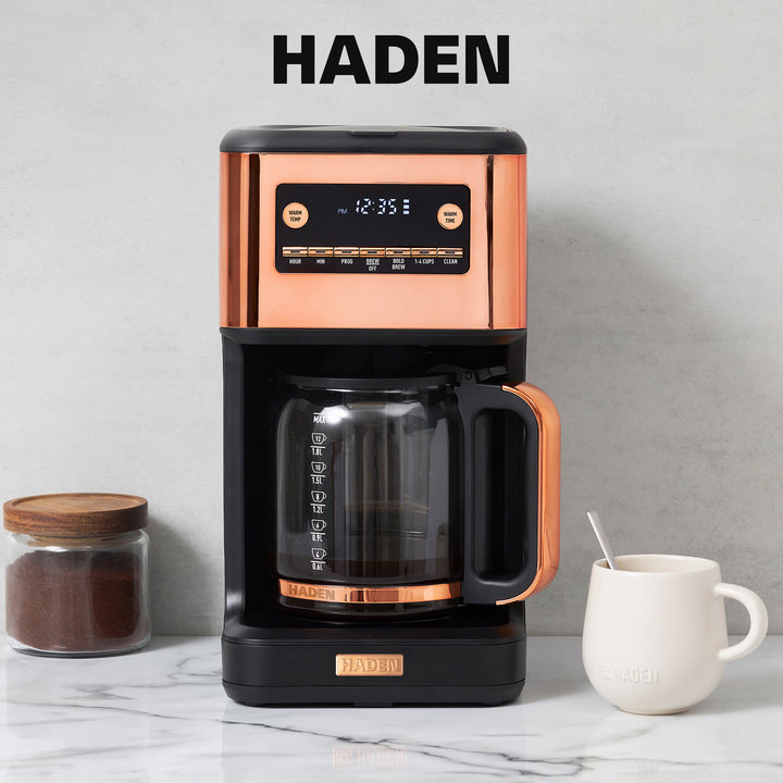 Haden Generous Brew 14 Cup Programmable Digital Coffee Maker Pot, Black/Copper