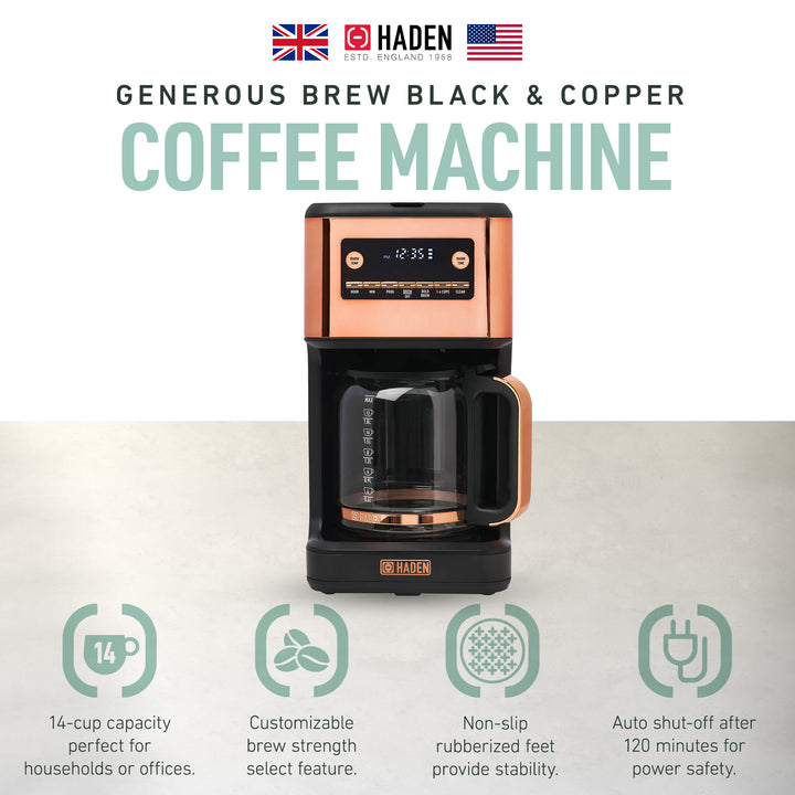 Haden Generous Brew 14 Cup Programmable Coffee Maker Pot, Black/Copper (Used)