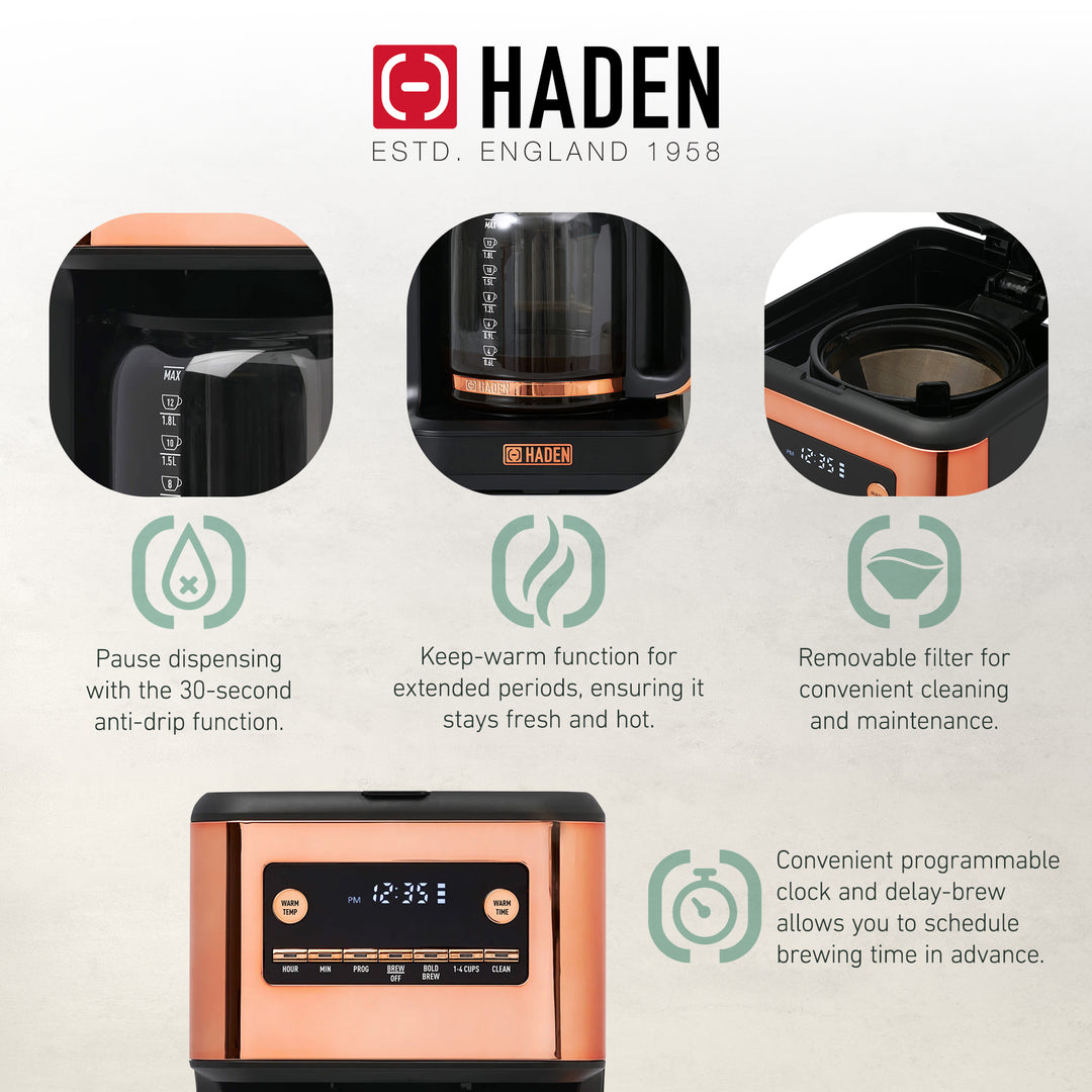 Haden Generous Brew 14 Cup Programmable Coffee Maker Pot, Black/Copper (Used)