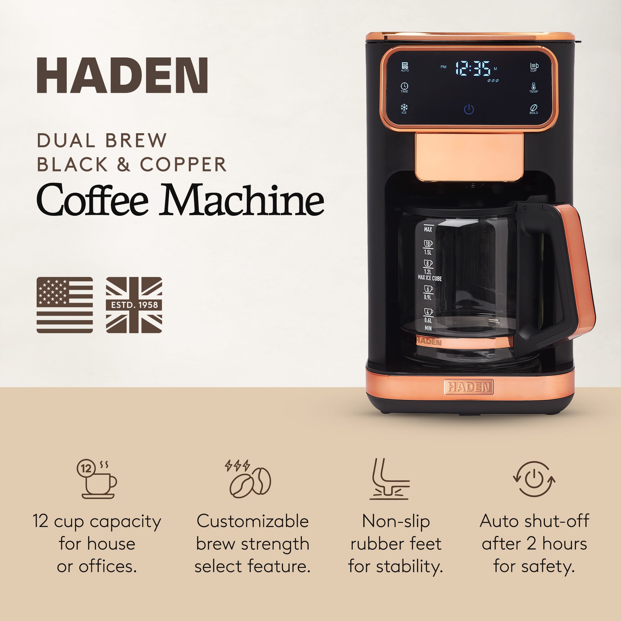 Haden Dual Brew 12 Cup Hot & Ice Programmable Digital Coffee Maker, Black/Copper