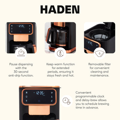 Haden Dual Brew 12 Cup Hot & Ice Programmable Digital Coffee Maker, Black/Copper