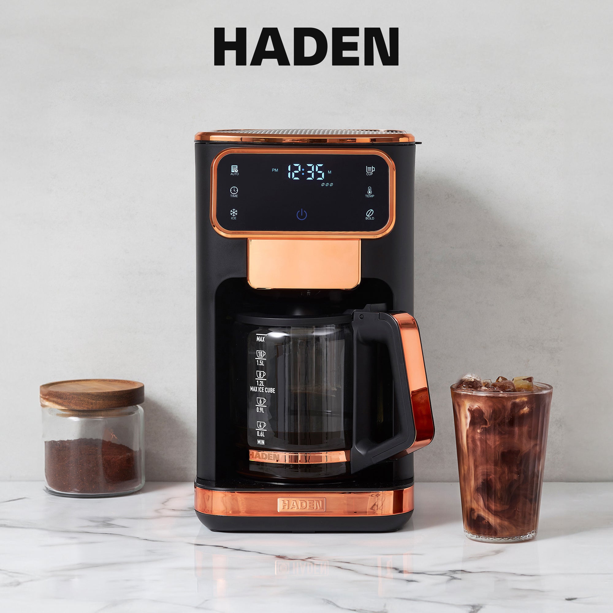 Haden Dual Brew 12 Cup Hot & Ice Programmable Digital Coffee Maker, Black/Copper