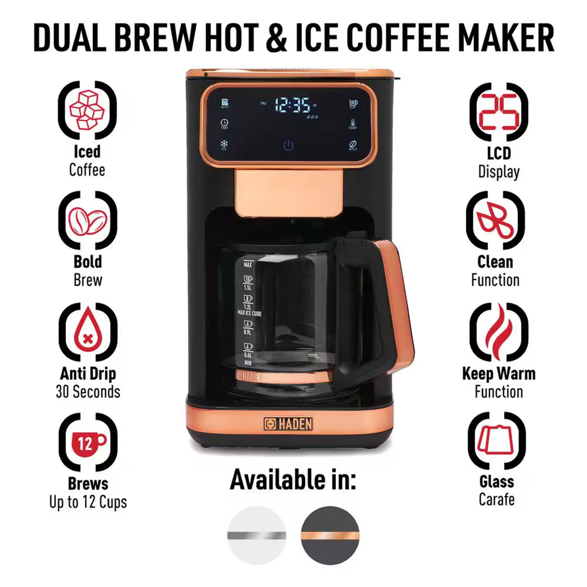 Haden Dual Brew 12 Cup Hot & Ice Digital Coffee Maker, Black/Copper (Open Box) - VMInnovations