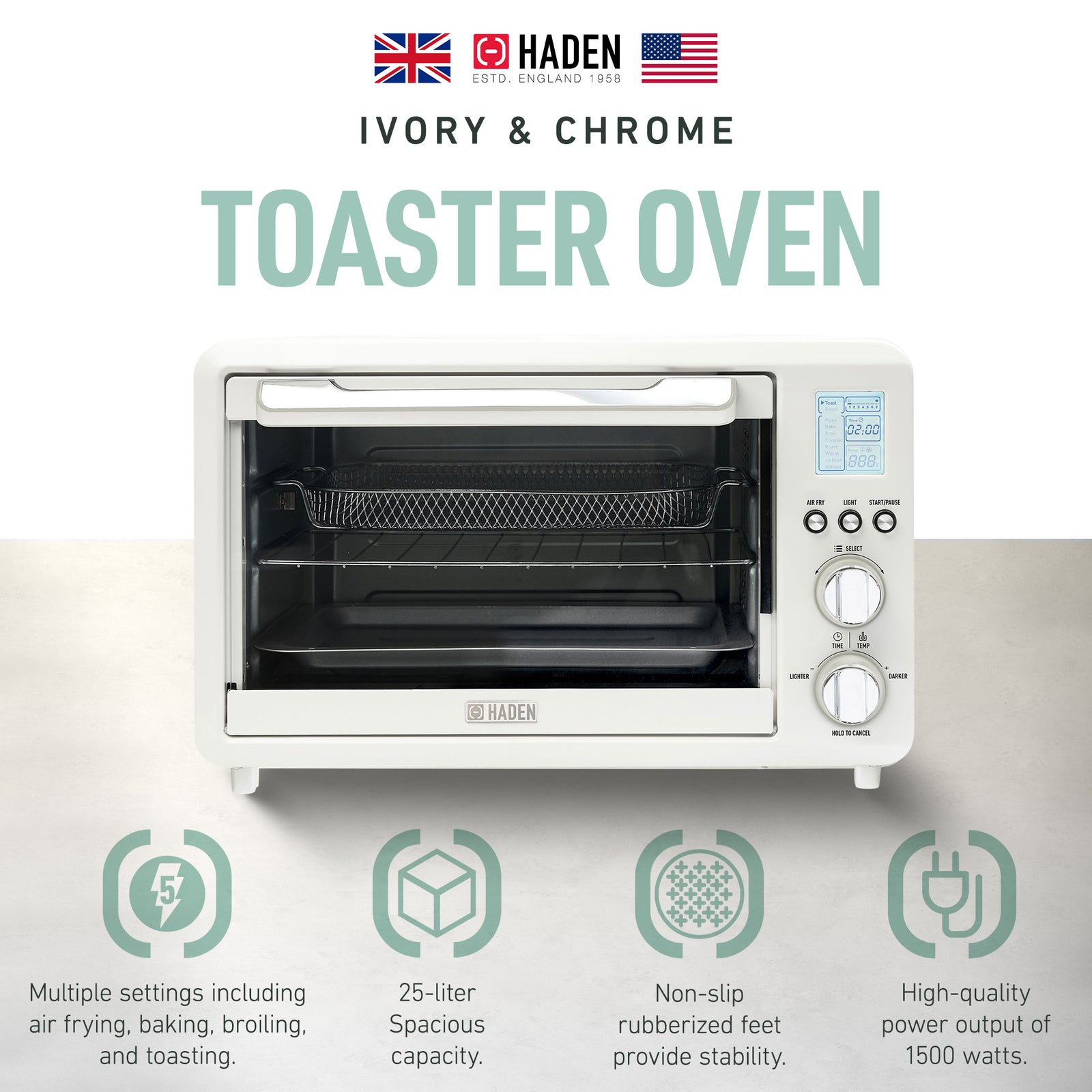 Haden Countertop 6 Slice Toaster Oven Air Fryer Combo for Kitchen, Ivory/Chrome - VMInnovations