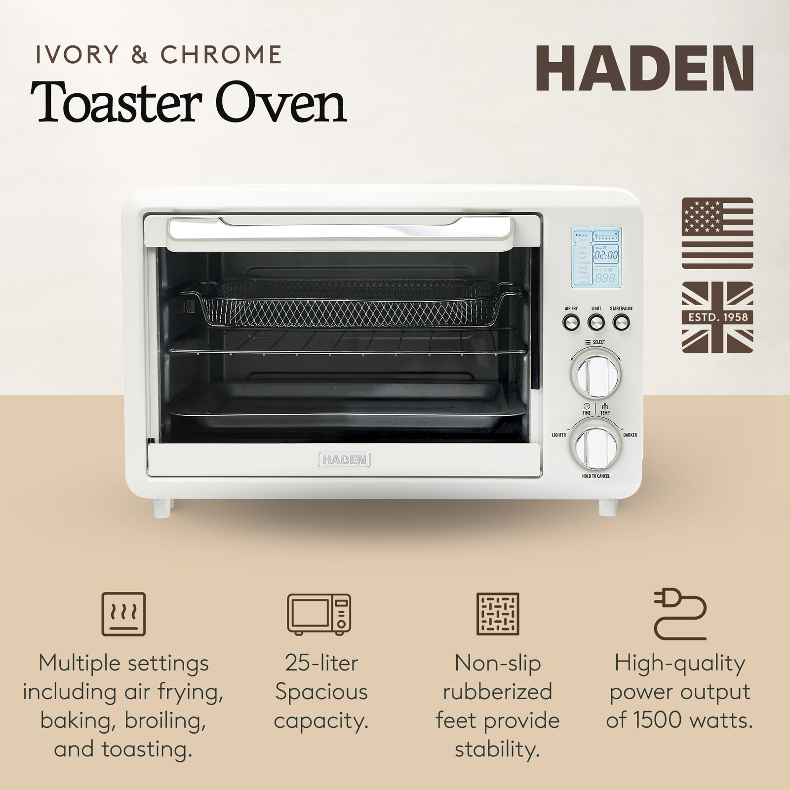 Haden Countertop 6 Slice Toaster Oven Air Fryer Combo for Kitchen, Ivory/Chrome - VMInnovations