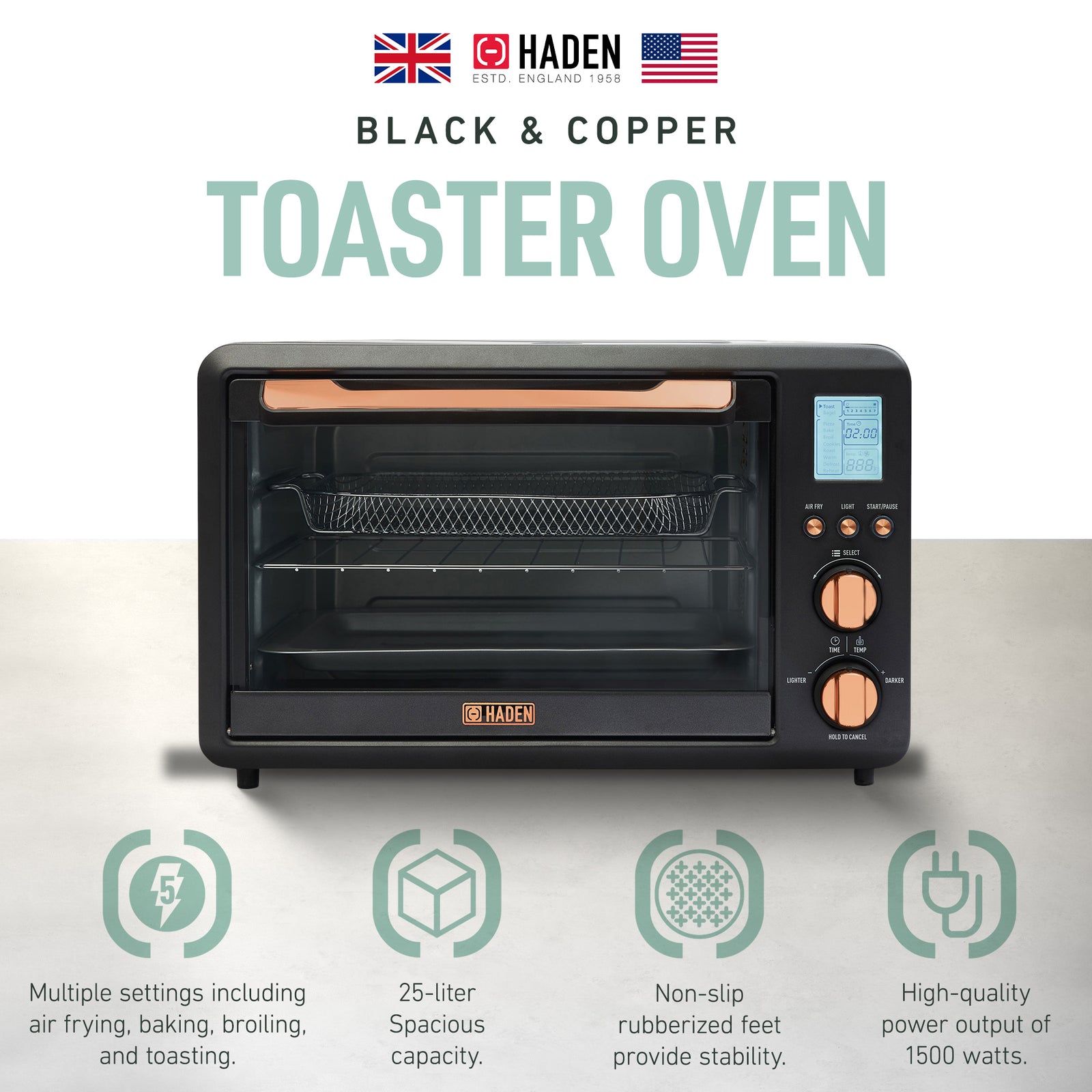 Haden Countertop 6 Slice Toaster Oven Air Fryer Combo for Kitchen, Black/Copper - VMInnovations