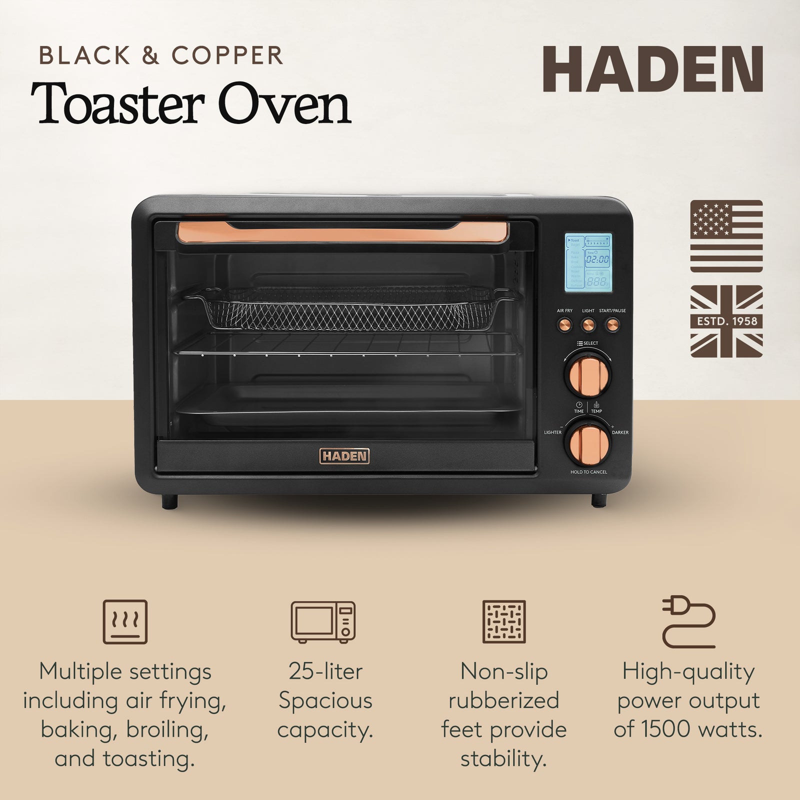 Haden Countertop 6 Slice Toaster Oven Air Fryer Combo for Kitchen, Black/Copper - VMInnovations