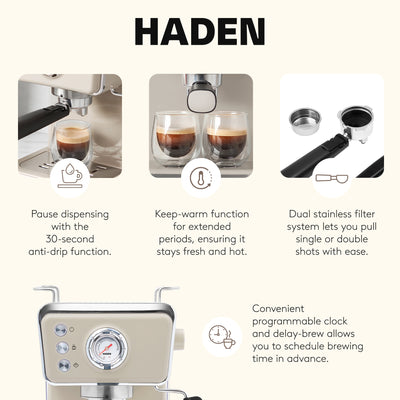 Haden Barista Brew Espresso Coffee Machine 20-Bar Espresso Maker, Putty & Copper - VMInnovations