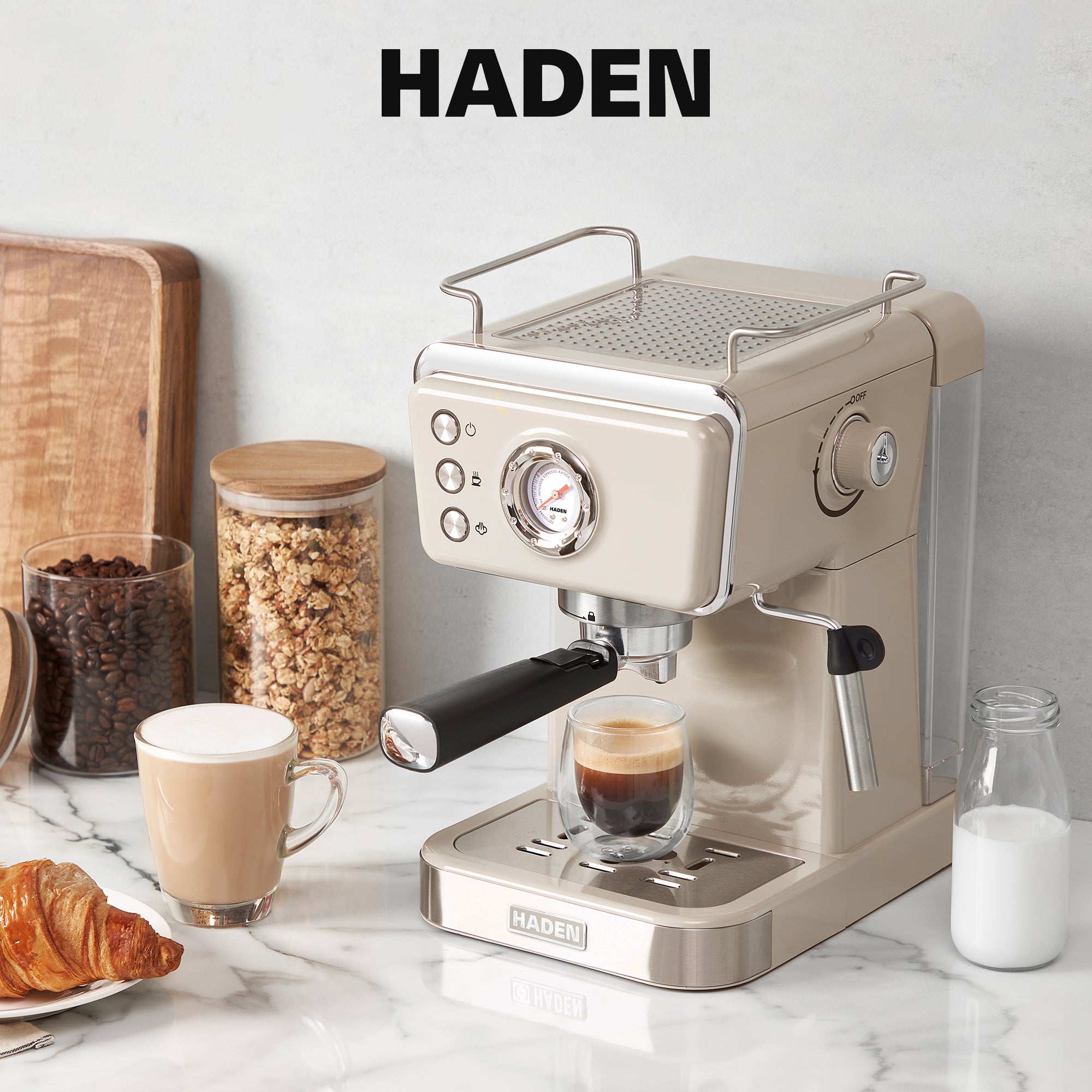 Haden Barista Brew Espresso Coffee Machine 20-Bar Espresso Maker, Putty & Copper - VMInnovations