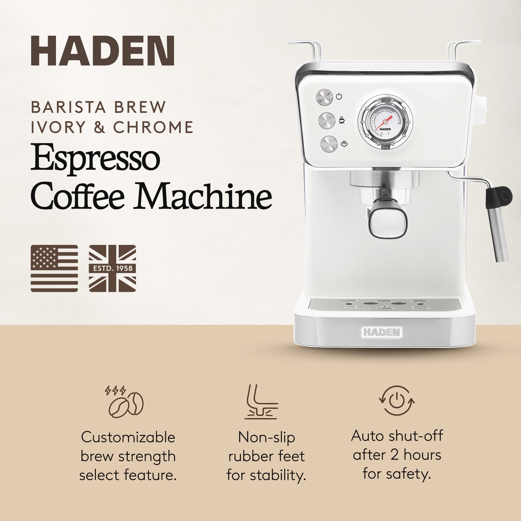 Haden Barista Brew Espresso Coffee Machine 20-Bar Espresso Maker, Ivory & Copper - VMInnovations