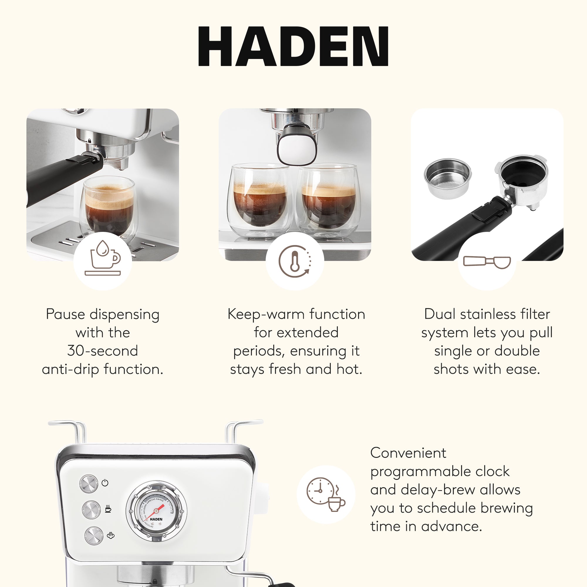Haden Barista Brew Espresso Coffee Machine 20-Bar Espresso Maker, Ivory & Copper - VMInnovations