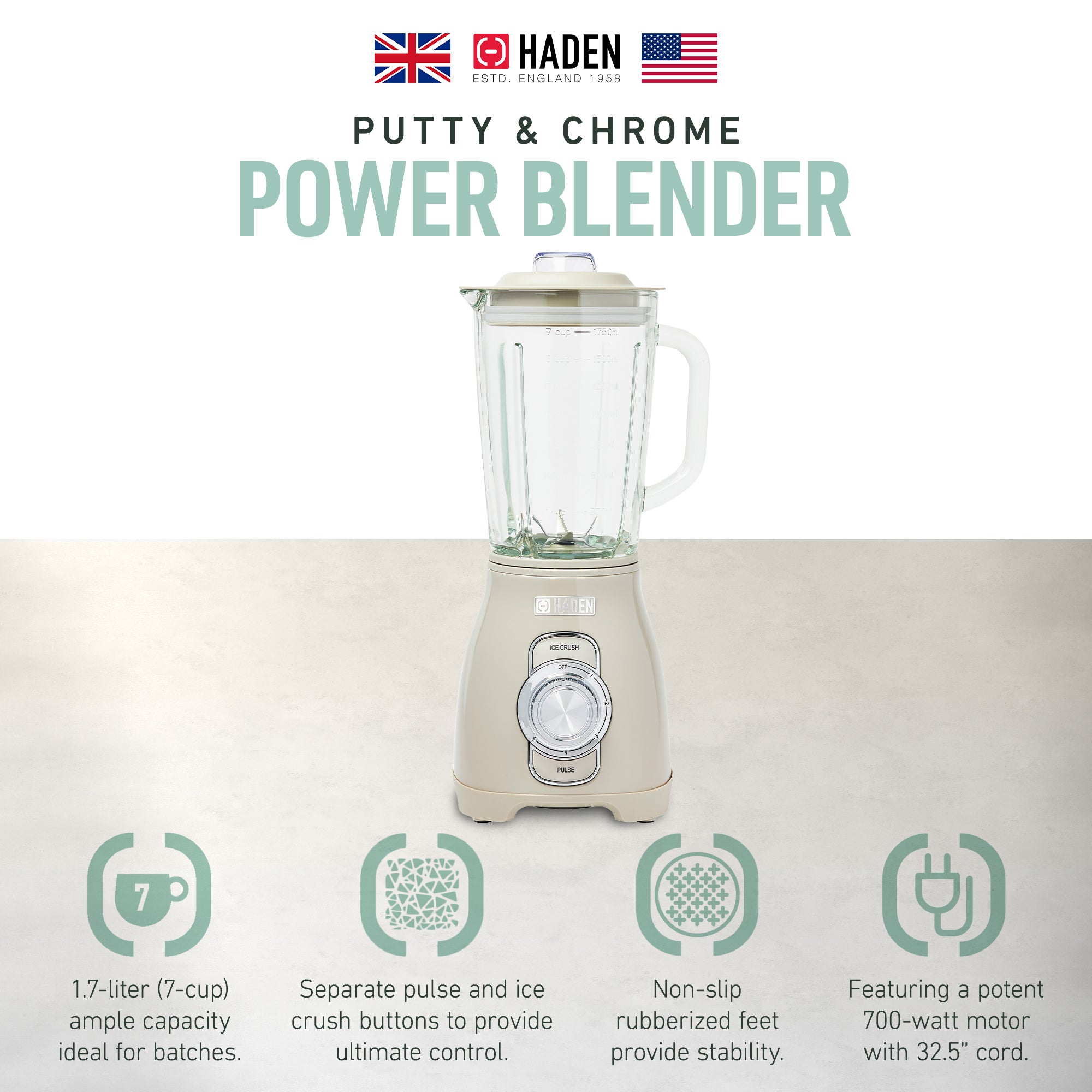 Haden 1.75 Liter Glass Jug 700W Motor Power Blender, Putty/Chrome (Open Box) - VMInnovations