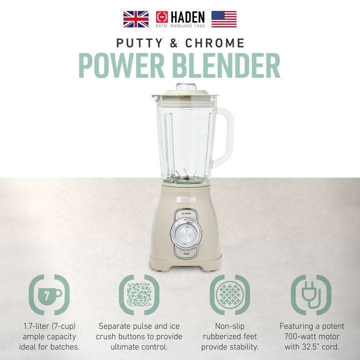 Haden Stainless 1.75 Liter Glass Jug 700W Motor Power Blender, Putty/Chrome