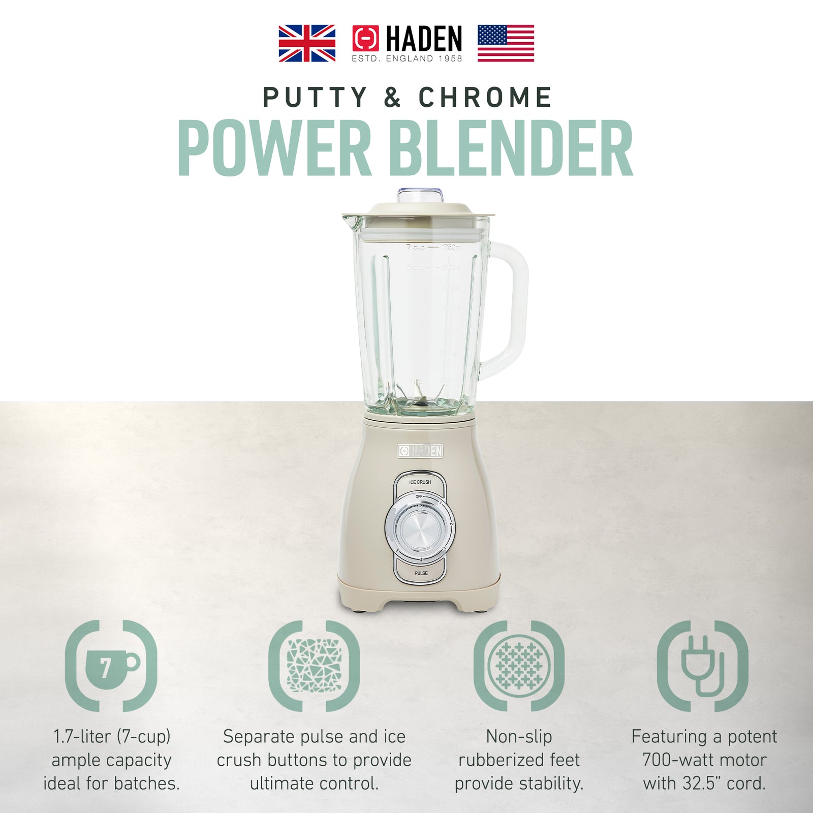 Haden Stainless 1.75L Glass Jug 700W Motor Power Blender, Putty/Chrome (Used) - VMInnovations