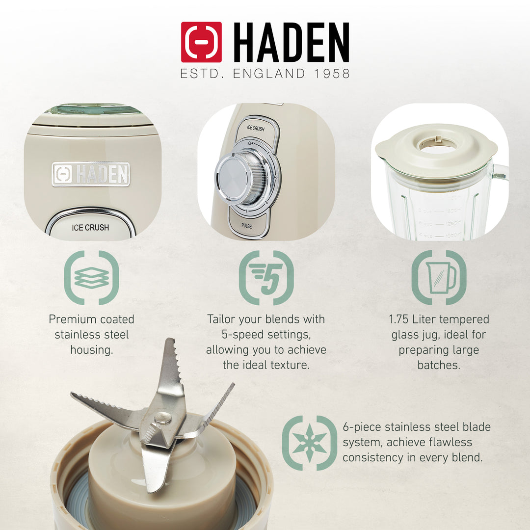 Haden Stainless 1.75L Glass Jug 700W Motor Power Blender, Putty/Chrome (Used) - VMInnovations