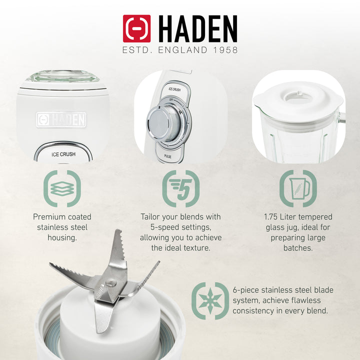 Haden Stainless 1.75L Glass 700W Motor Power Blender, Ivory/Chrome (Open Box)