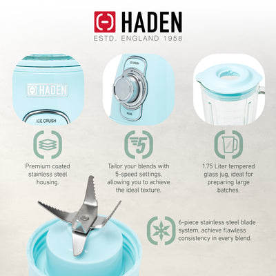 Haden Stainless 1.75 Lt Glass Jug 700W Power Blender, Turquoise/Chrome(Open Box) - VMInnovations