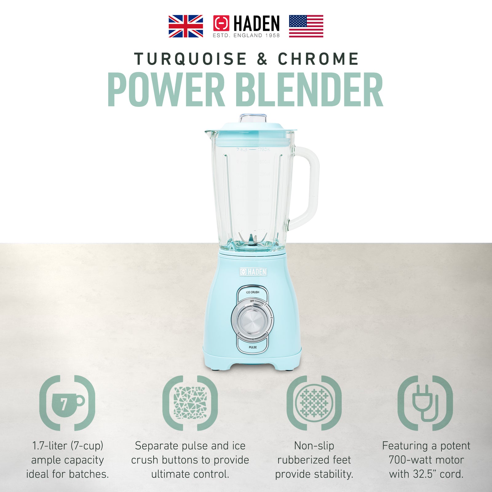 Haden Stainless 1.75 Liter Glass Jug 700W Power Blender, Turquoise/Chrome (Used) - VMInnovations