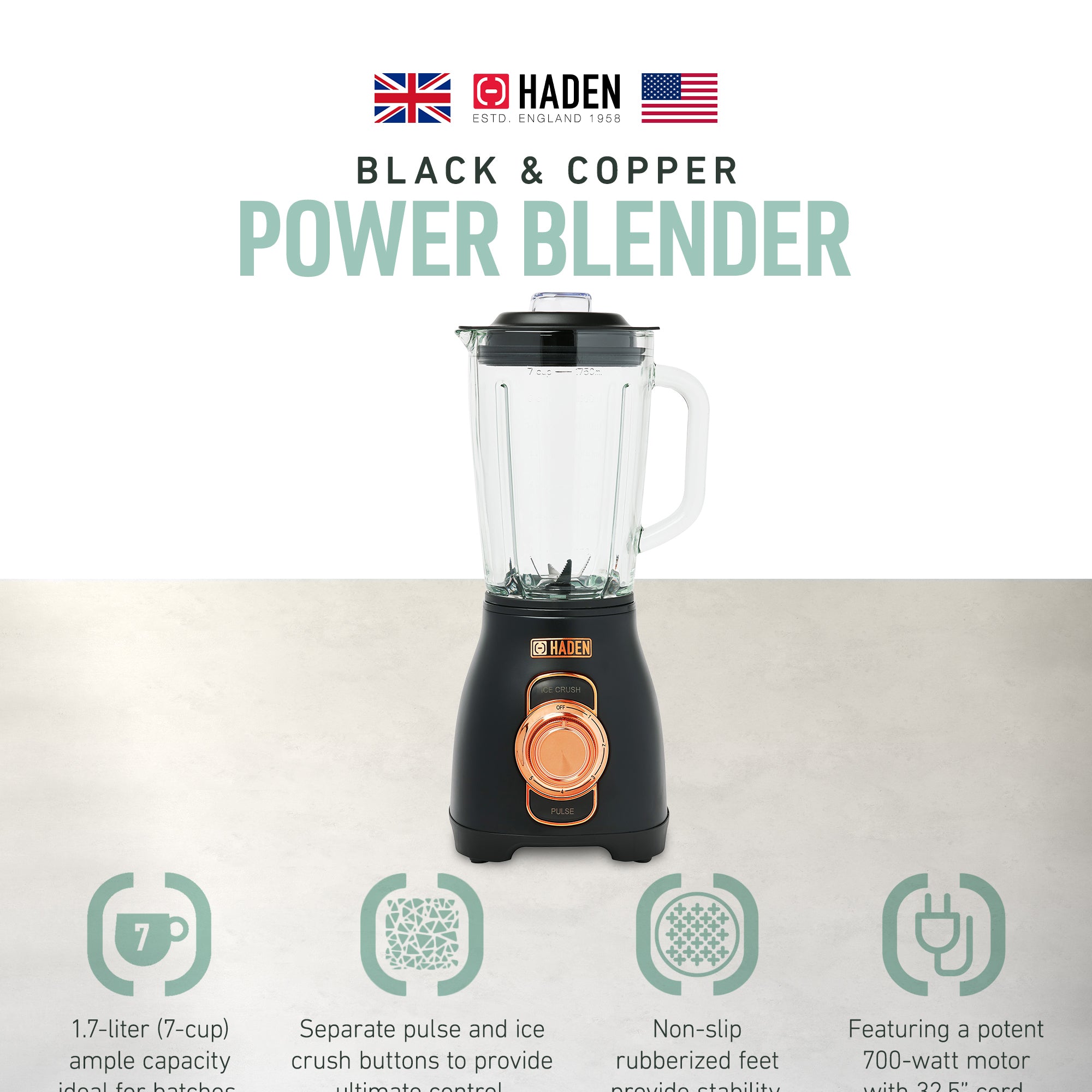 Haden Stainless 1.75 Lt Glass Jug 700W Power Blender, Black/Copper(Open Box) - VMInnovations