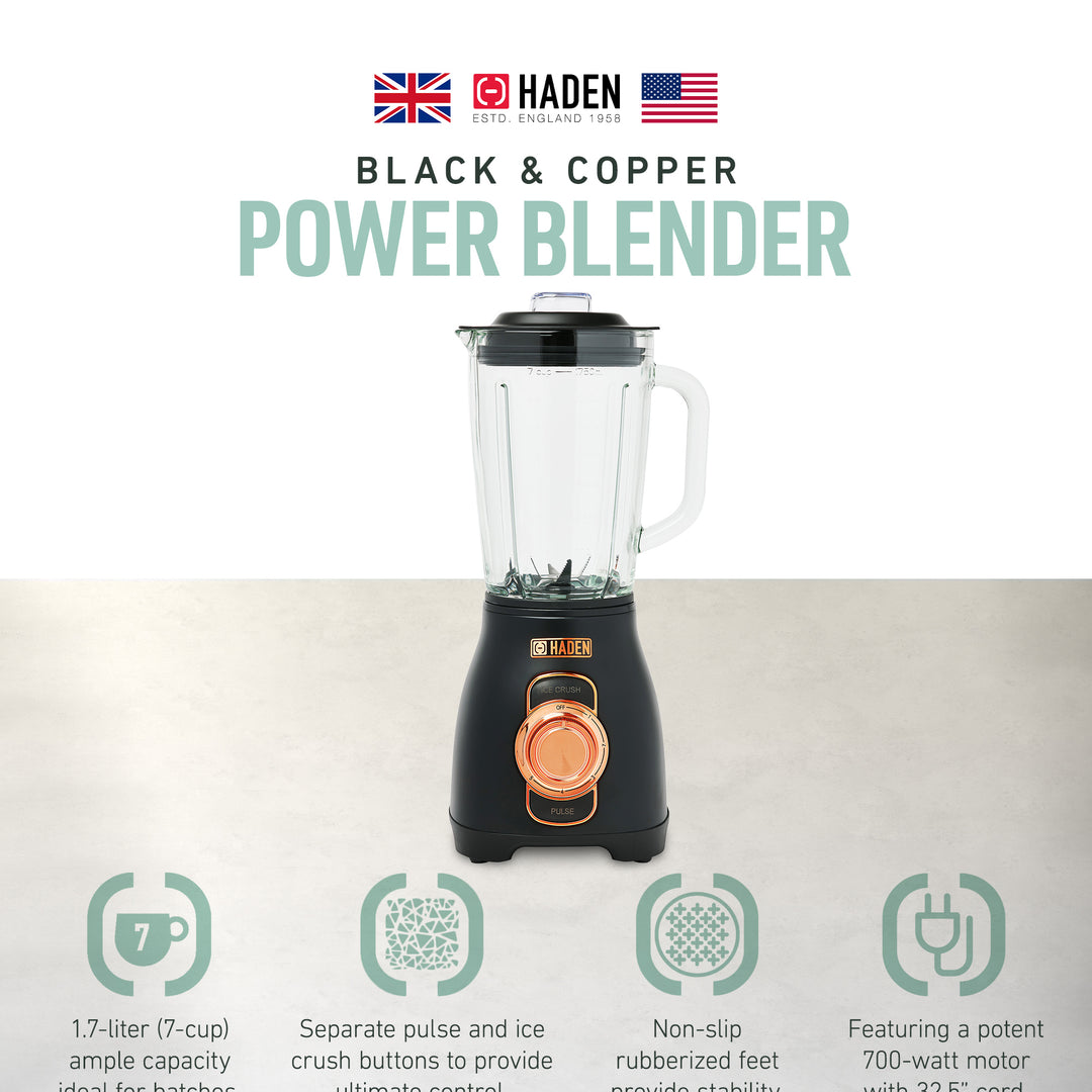 Haden Stainless 1.75 Lt Glass Jug 700W Motor Power Blender, Black/Copper (Used) - VMInnovations