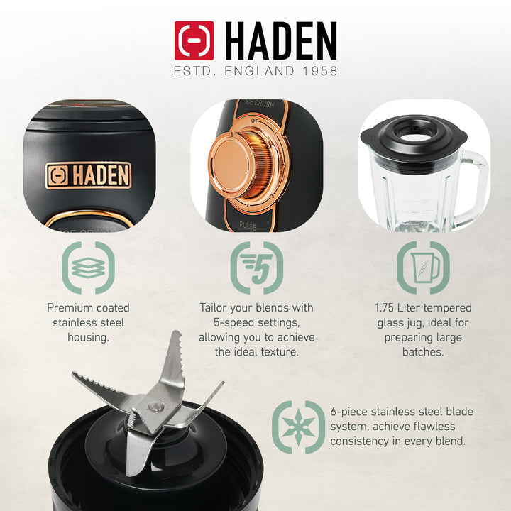 Haden Stainless 1.75 Liter Glass Jug 700W Motor Power Blender, Black/Copper