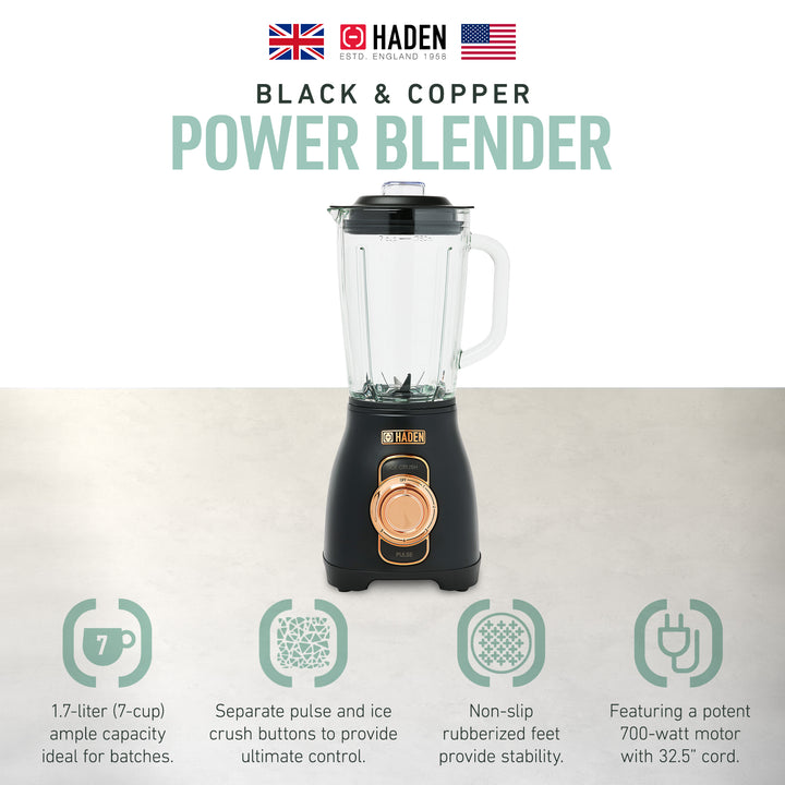 Haden Stainless 1.75 Lt Glass Jug 700W Motor Power Blender, Black/Copper (Used)