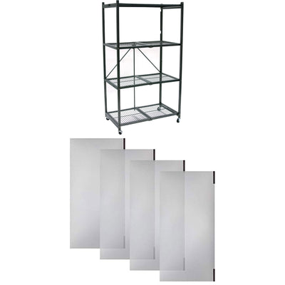 Origami 4 Tier Folding Storage Rack w/ Set of 4 Magnetic Wire Shelf Liners, Gray