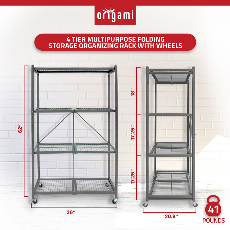 Origami 4 Tier Folding Storage Rack w/ Set of 4 Magnetic Wire Shelf Liners, Gray