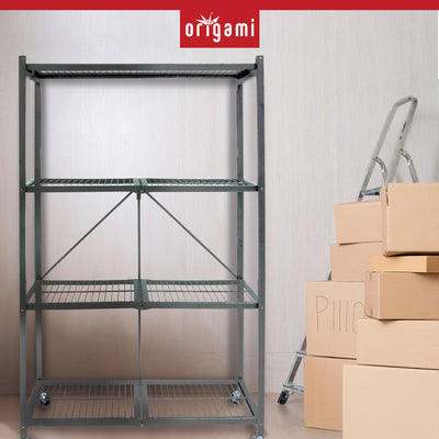 Origami 4 Tier Folding Storage Rack w/ Set of 4 Magnetic Wire Shelf Liners, Gray - VMInnovations