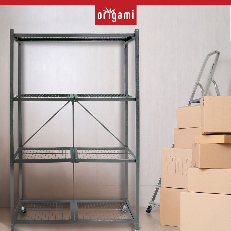 Origami 4 Tier Folding Storage Rack w/ Set of 4 Magnetic Wire Shelf Liners, Gray