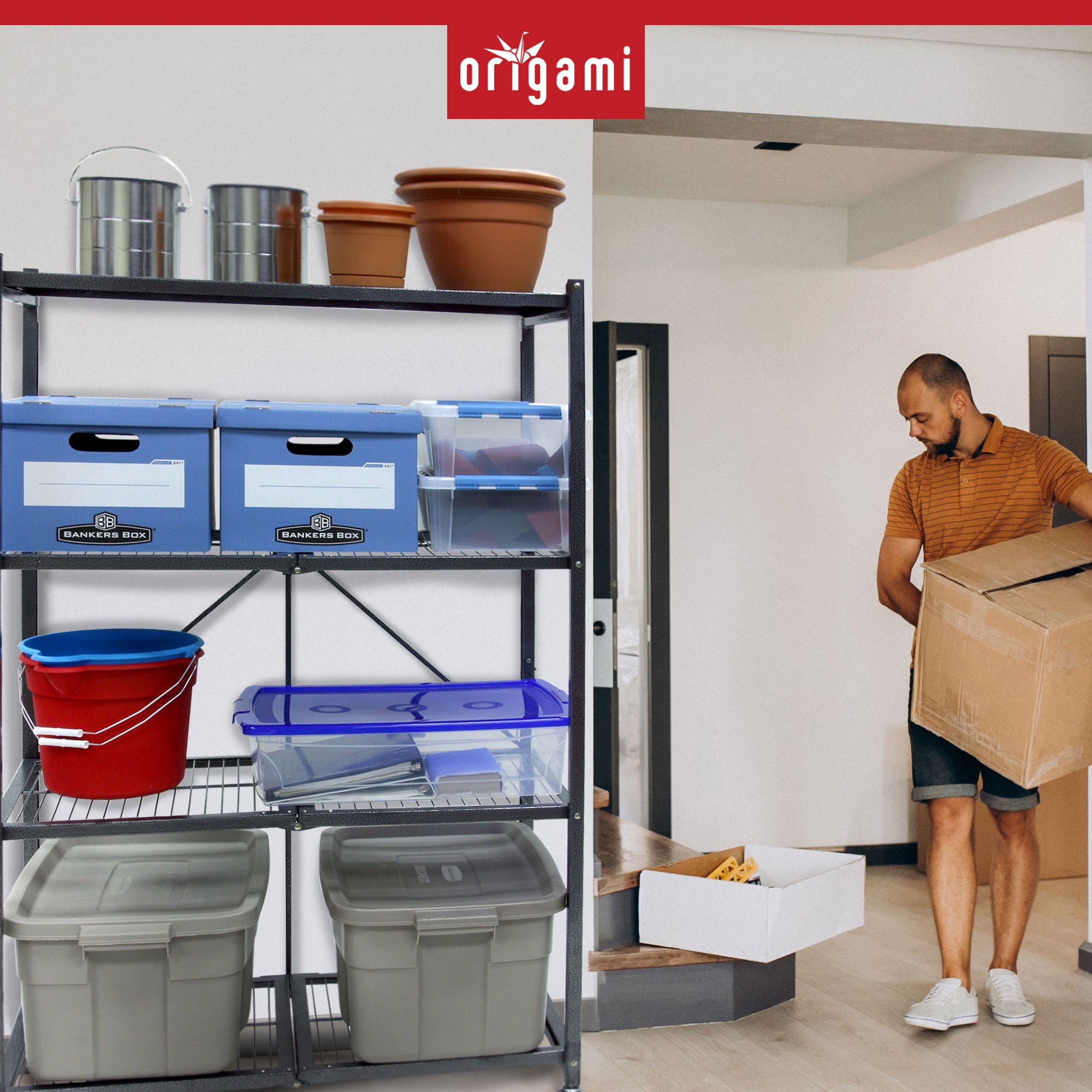 Origami 4 Tier Folding Storage Rack w/ Set of 4 Magnetic Wire Shelf Liners, Gray - VMInnovations