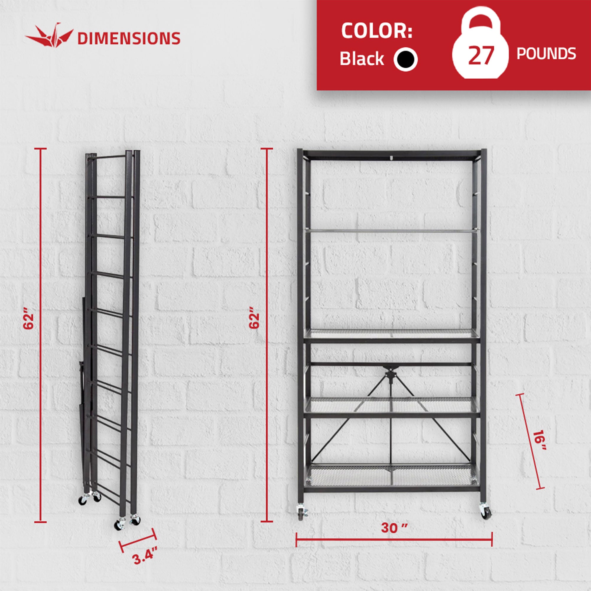 Origami R2 Series Folding Steel Adjustable Shelving Storage Rack, 2 Pack, Black - VMInnovations