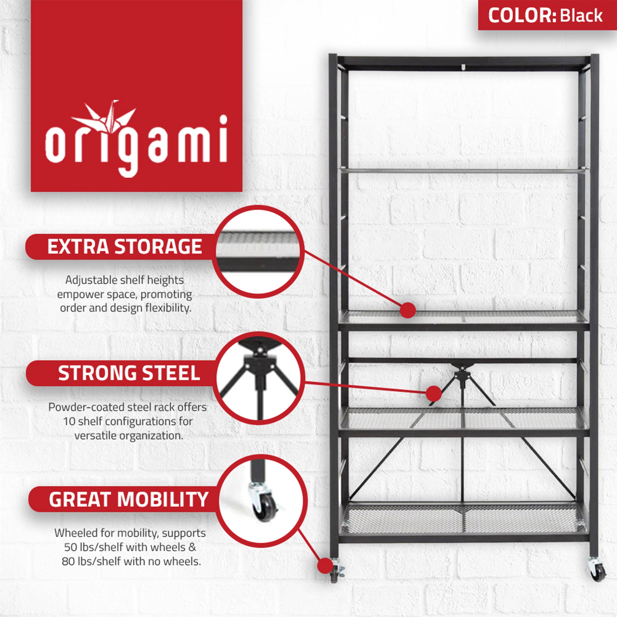 Origami R2 Series Folding Steel Adjustable Shelving Storage Rack, 2 Pack, Black - VMInnovations