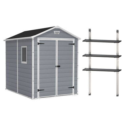 Keter Manor 6x8 Foot Outdoor Garden Storage Shed with 40 Inch Steel Shelf Kit