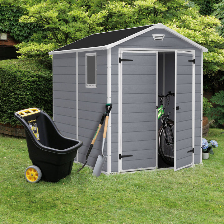 Keter Manor 6x8 Foot Outdoor Garden Storage Shed with 40 Inch Steel Shelf Kit