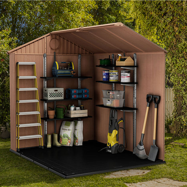 Keter Manor 6x8 Foot Outdoor Garden Storage Shed with 40 Inch Steel Shelf Kit